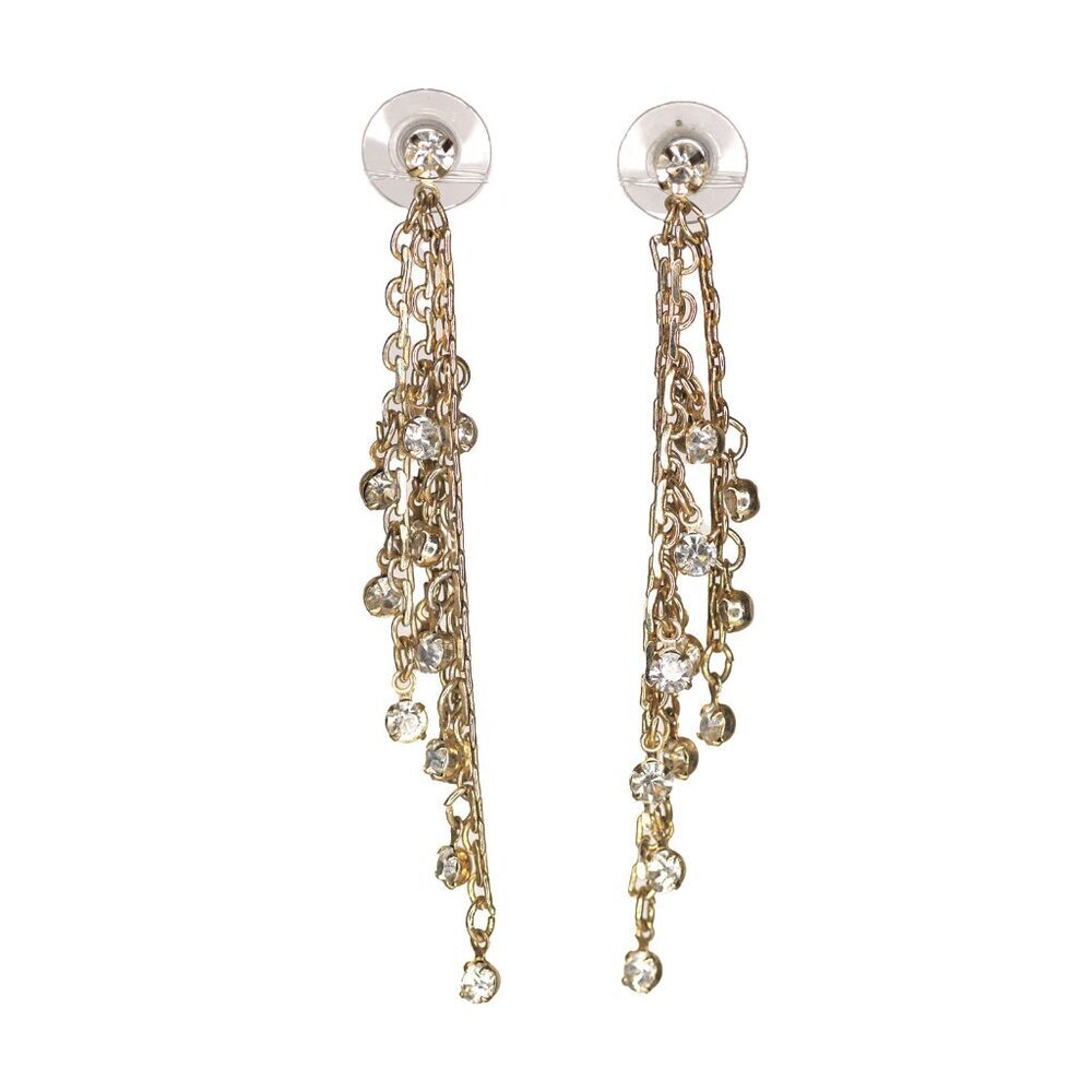 Chain Waterfall Gold Crystal Rhinestone Earrings Gold Metal Dangle Evening